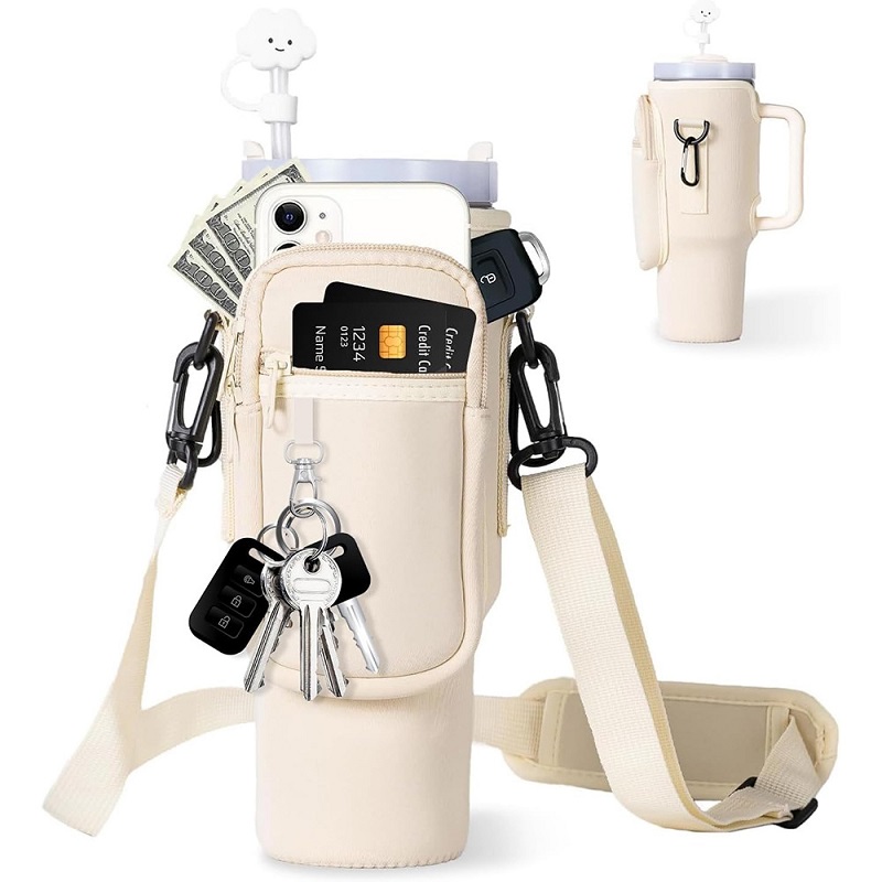 Hot Sale 40 OZ Neoprene Shoulder Strap Tumbler Cup Water Bottle Carrier Crossbody Sling Holder Bag with Zipper Phone Pocket