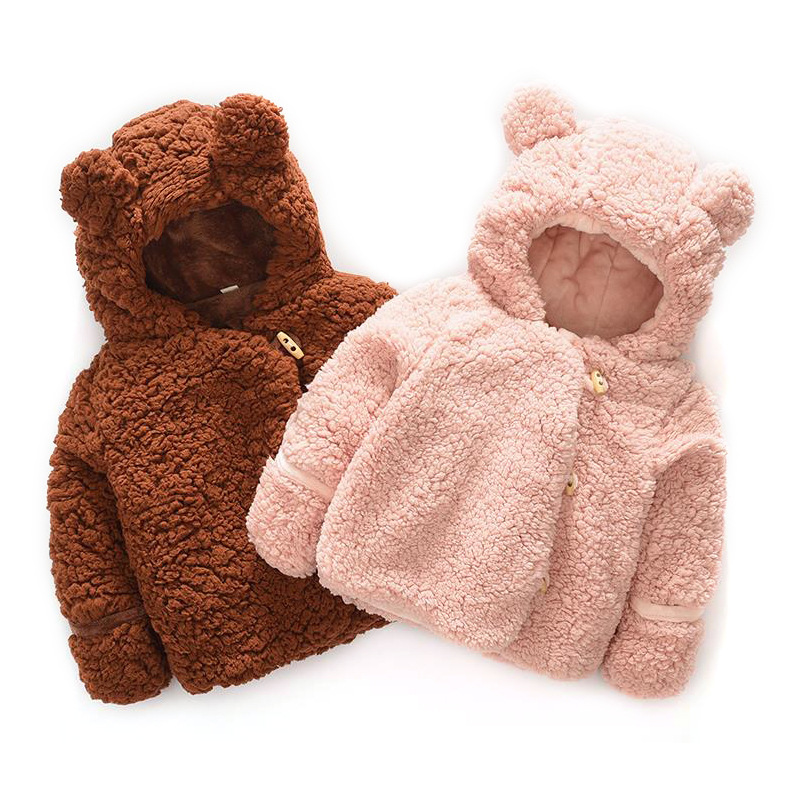 Baby Korean Style Winter Jackets Kids Wool Teddy Bear Shape Thickened Hooded Coat