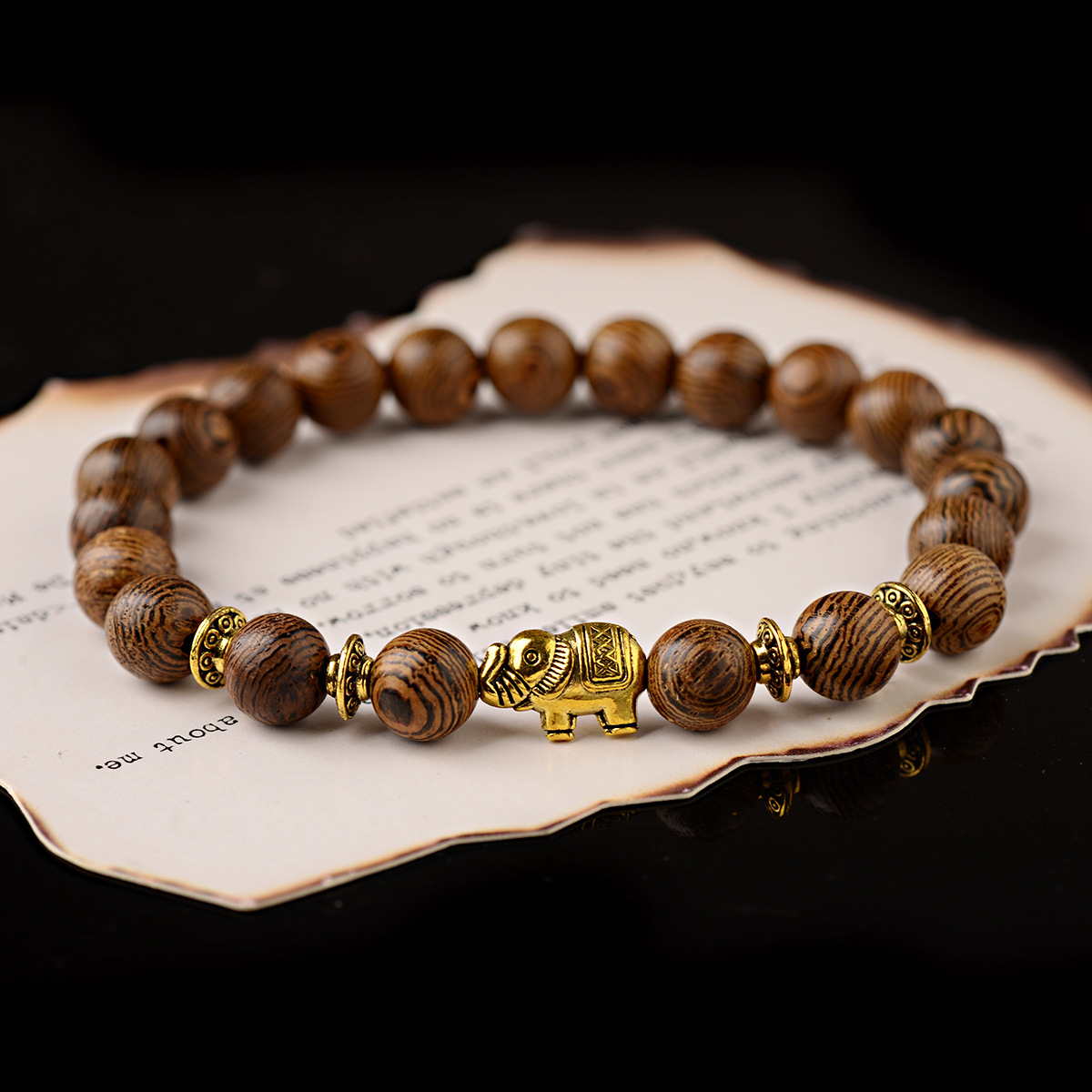 Trendy 8MM Men's Wood Beaded Animals Charm Bracelet Stretch Yoga Healing Gold Plated Elephant Charm Bracelet For Gift
