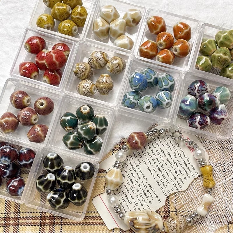 Vintage 10mm Colorful Ceramic Clay Beads Graffiti 3D Multi-Faceted Geometric Shape Loose Beads DIY Jewelry Findings