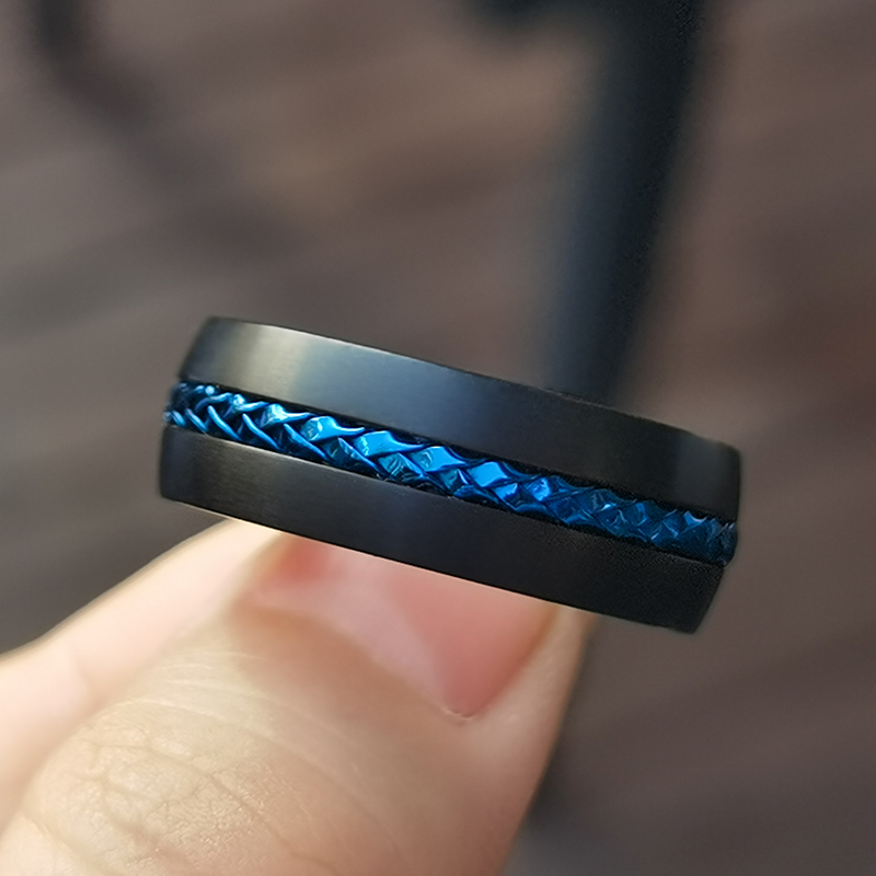 Black Blue two tone fashion jewelry ring stainless steel wire cable inlay titanium men wedding rings