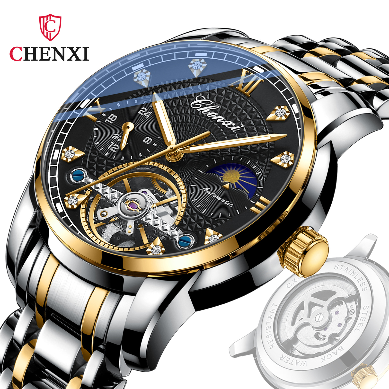 Мужские Водонепроницаемые наручные часы Chenxi 8870 jam tangan pria murah из нержавеющей стали с автоподзаводом и турбийоном