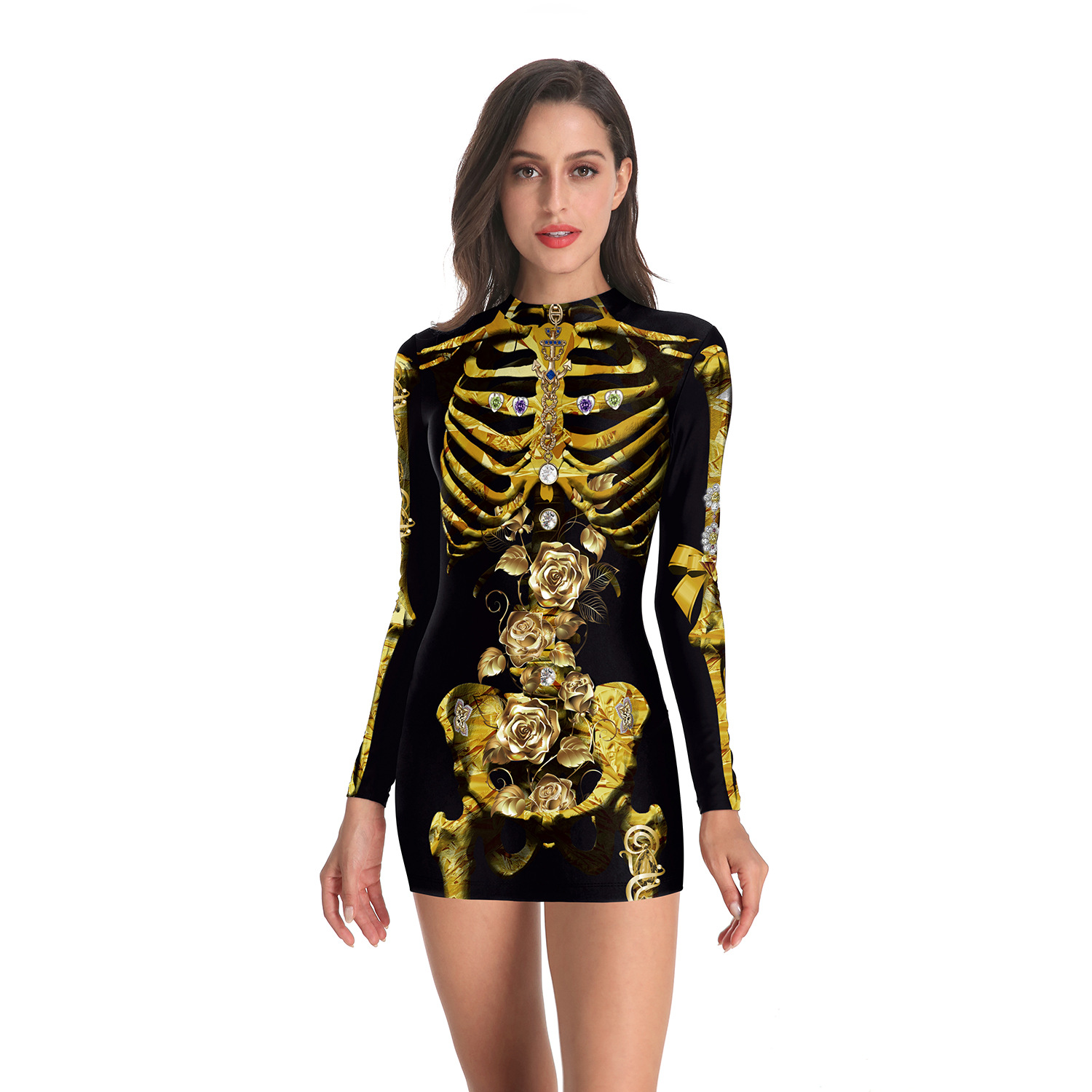 2021 Sexy Halloween Skull Nurse Zombie Pumpkin Spider Round Neck Slim Long Sleeve Dress Halloween Costumes