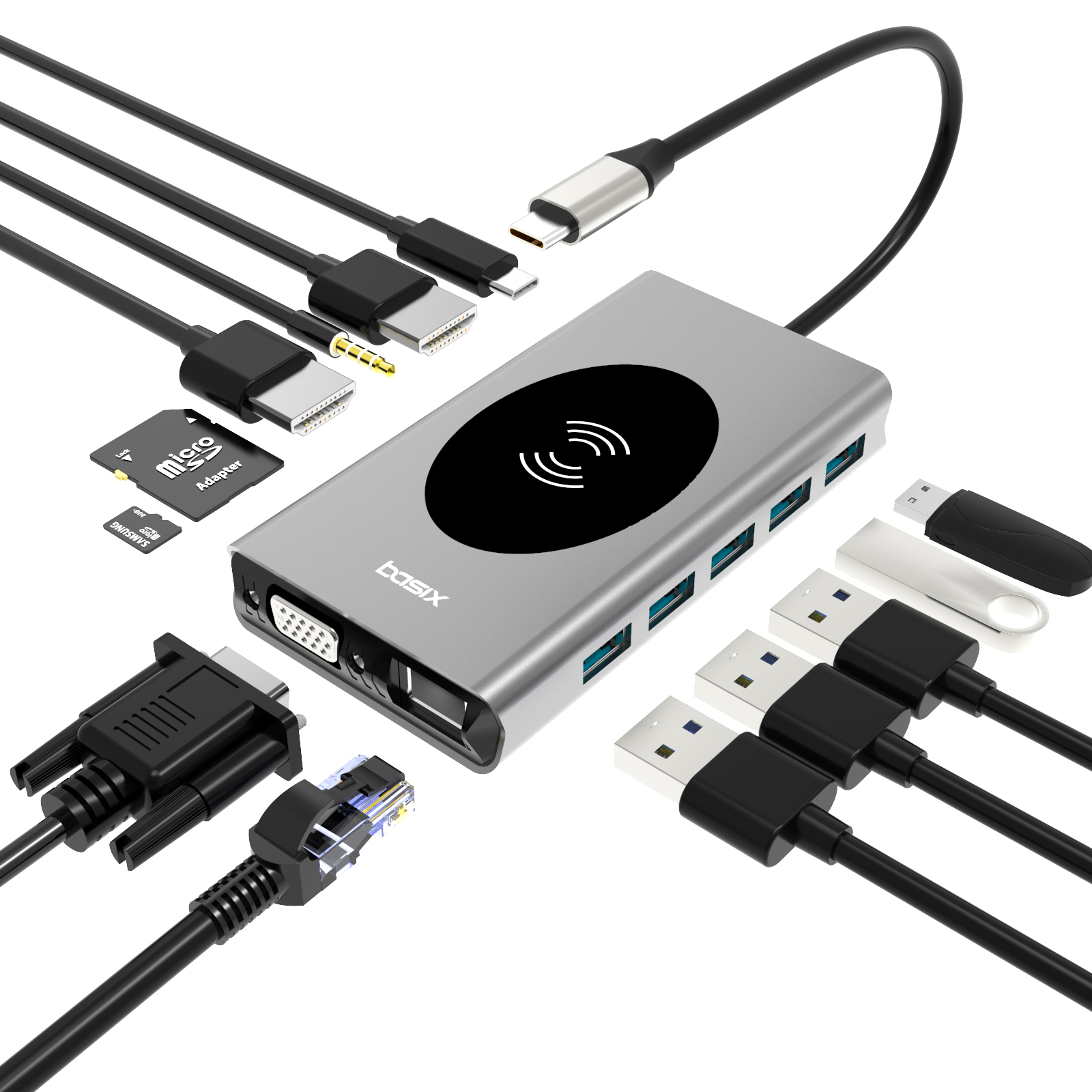 Кабель с разъемом usb типа c usb hub адаптер 14-в-1: Тип c к HD-MI * 2 VGA USB3.0 * 5 SD TF RJ45 PD AUDIO3.5 10 Вт Серый BASIX
