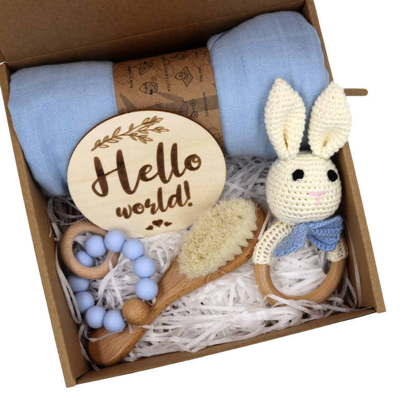 100% Organic Cotton Muslin towel baby bath brush set toy rattle teether milestone newborn Baby Gift Sets