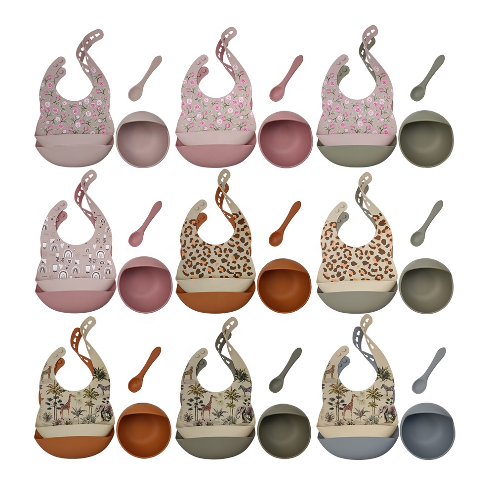 4PC Baby Tableware Set Newborn Silicone Bibs+Dinner Snail Bowl+Spoon Fotk Set OEM Waterproof Bib for Kids