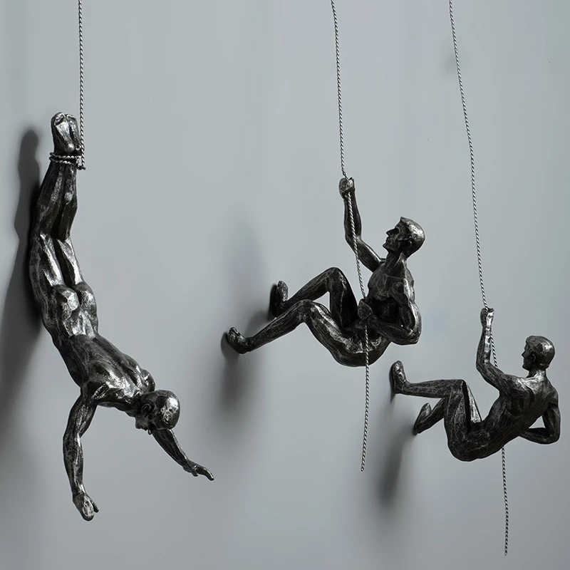 Climbing Man Wall Art Hanging Decoration Wall-mounted Sculpture Resin Climbers Figure Set of 3 Antique Silver Rock Climbing Men