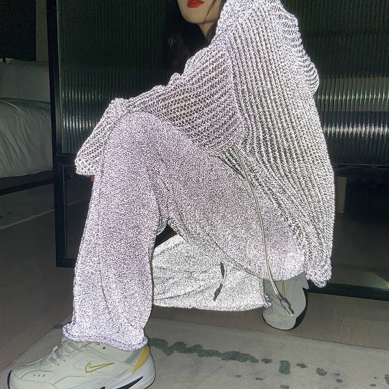 2021 high quality casual womens 2 piece outfits bling string loose long sleeve Reflective knit sweatershirt hoodie