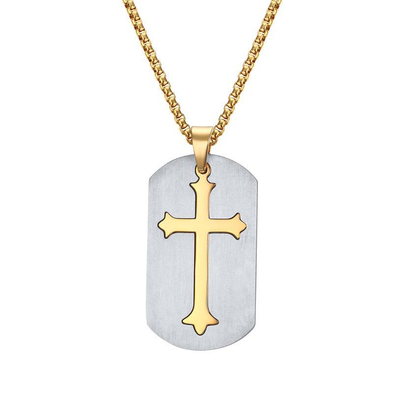 Classic Punk Style Cross Two Tone Dog Tag Stainless Steel Pendant Necklace for Mens Womens Gifts