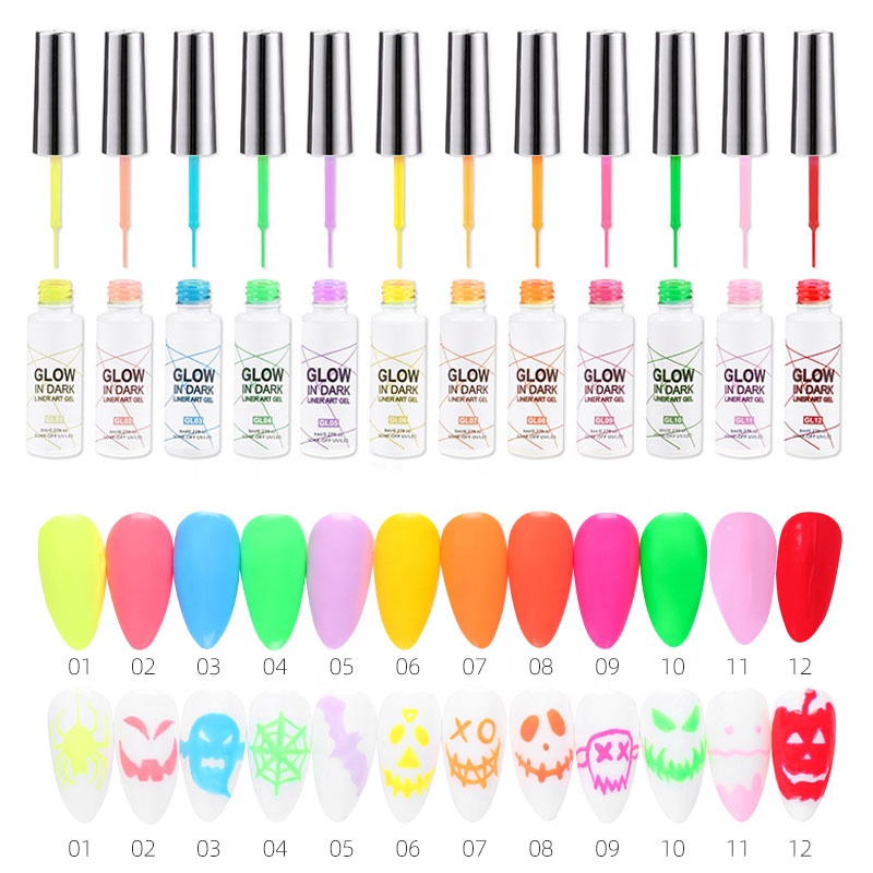 2021 New Arrival 12 Colors Glow in the Dark Luminous UV Liner Gel Nail Art Gel Nail Polish Set Painting Gel Halloween