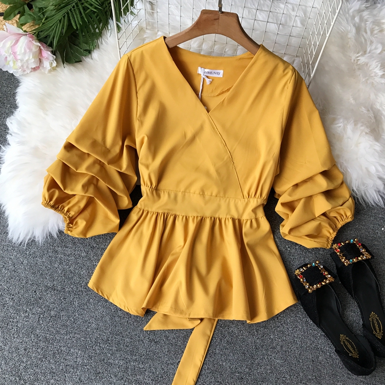 Korean Style Shirt Women Solid V-neck Slim Waist Peplum Tops Three Quarter Sleeve Ruched Spring Summer T11901W