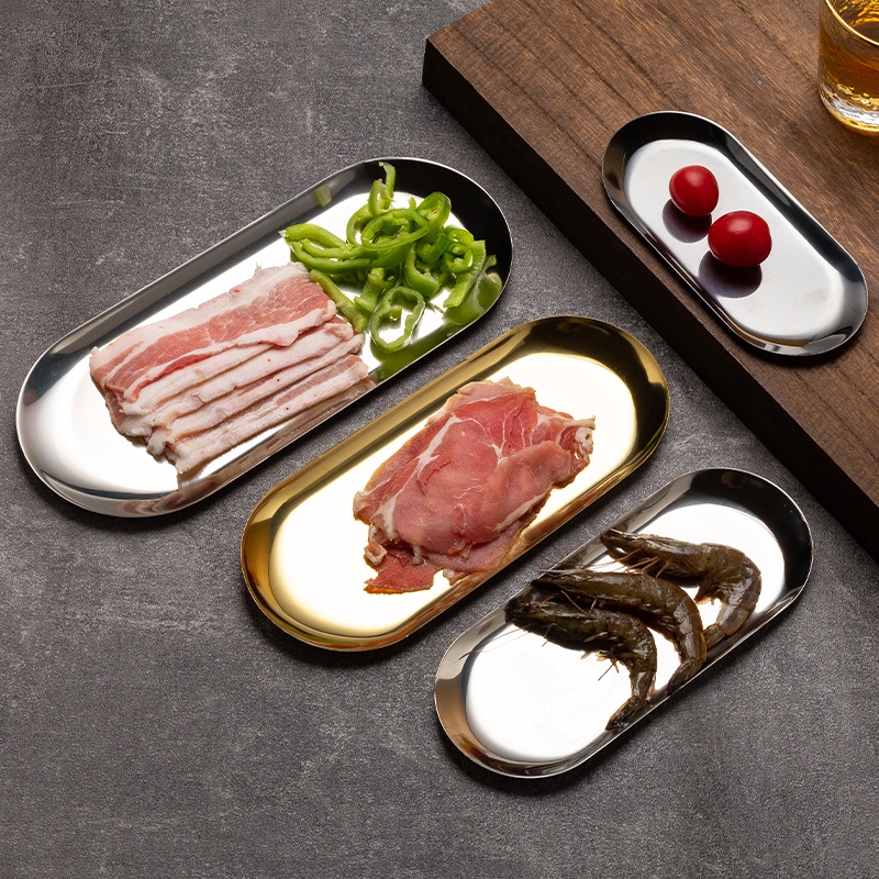 Korean Stainless Steel Restaurant Plate Sustainable Multifunctional BBQ Roast Meat Dinner Set Oval Barbecue Dish Polished
