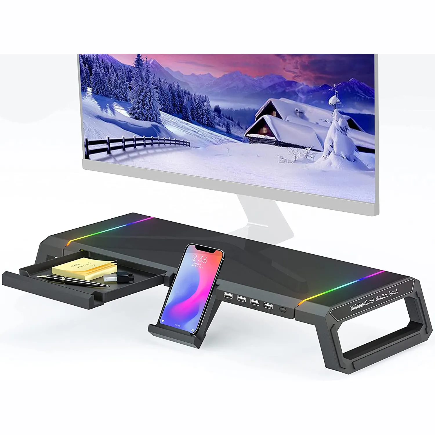 Foldable Computer Screen Riser light RGB Monitor Stand with drawer phone stand 2.0 3.0 hub