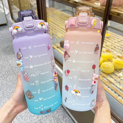 2L wholesale leakproof gradient color outdoor fitness sports incentive water bottle time marker and straw