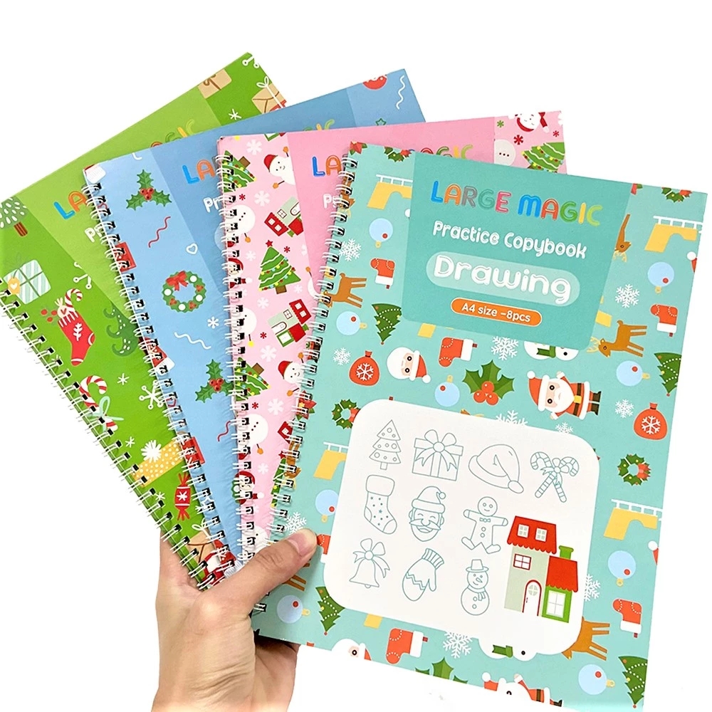 Christmas Tree Pen Gift Reusable Writing Practice Book 4Pcs Large A4 Magic Practice Copybook for Kids 11.4*8.2"