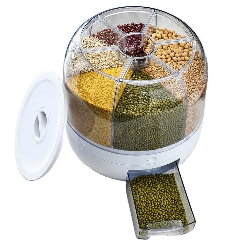 360 Degree Rotating Rice Dispenser Sealed Dry Cereal Grain Bucket Dispenser Moisture-proof Kitchen Food Container Storage Box