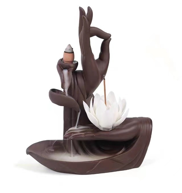 Pottery waterfall lotus Creative fountain smoke stick Buddha Hand Backflow Incense Burner set with free cone