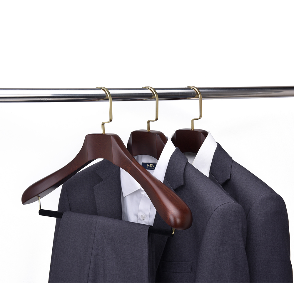 Inspring fashion shop custom logo golden hook wooden coat hanger with velvet pants bar