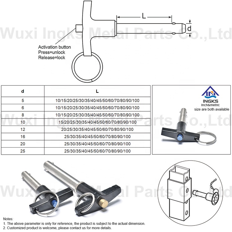 M8 M10 M12 Stainless Steel T Handle Button Head Quick Release Pin With Ball Locking