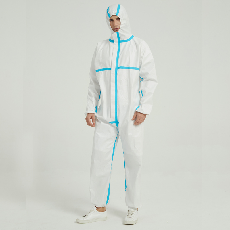 Factory Price In Stock 65 grs disposable coverall safety suit medical protective clothing Hooded blue thread waterproof