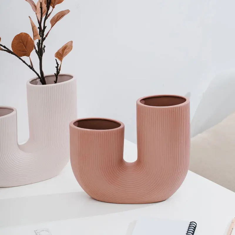 handmade nordic home decor modern porcelain u shaped stripe ceramic vase for flower centerpieces