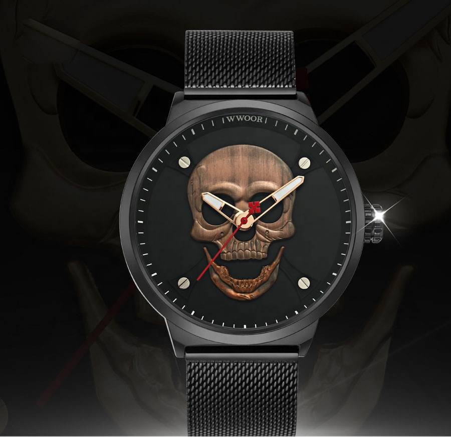 WR 8867W Men Watches Skull Watch Stainless Steel Quartz Watch Fashion Wristwatches Steel Mesh Reloj Hombre