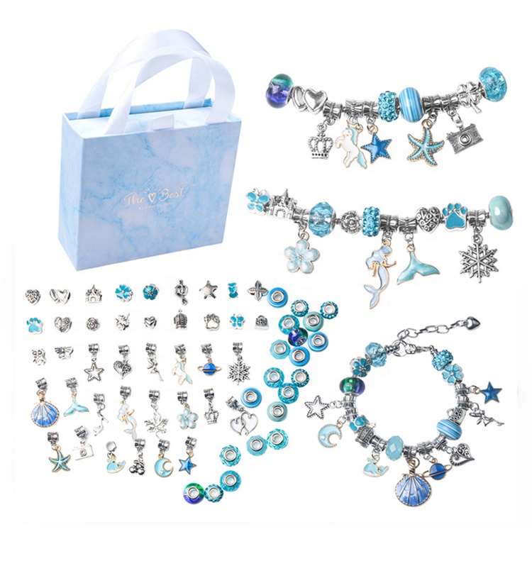 Charm Bracelet Making Kit Hot Selling Ocean Blue Crystal Children Bracelet Set DIY Beaded Bracelet Bangle Gift Box