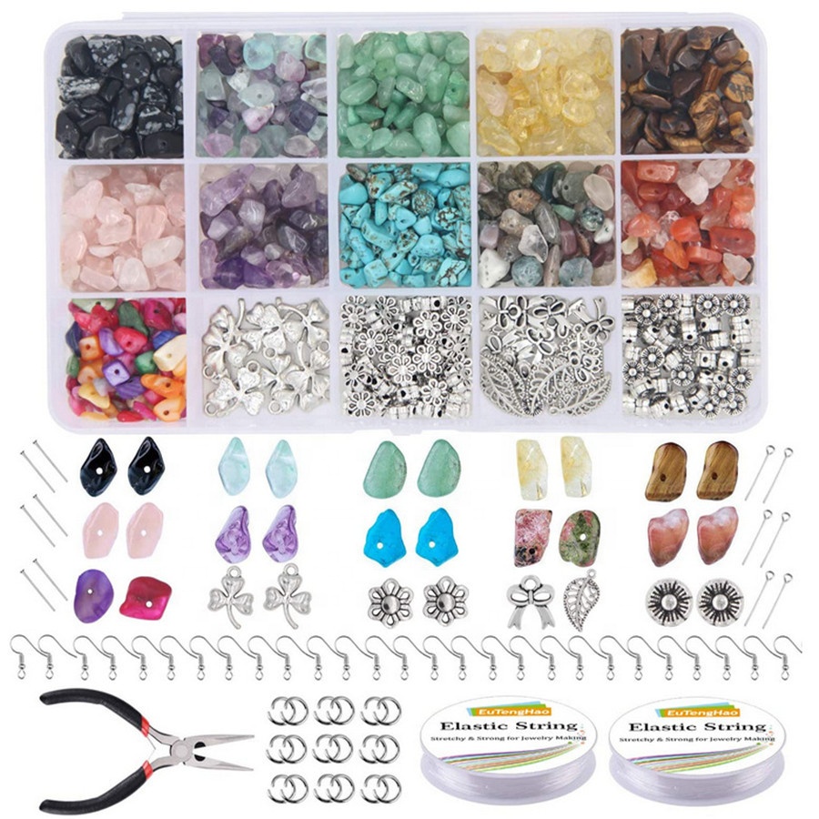 933pcs Irregular Mix Colors Natural Loose Mixed Gemstone Beads and Silver Pendant for Necklace and Bracelet Jewelry Making