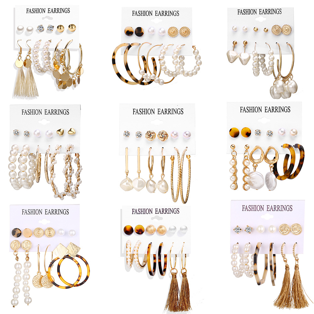 Finetoo Acrylic Pearl Earrings Mixed Designs Leopard Tassel Stud Earrings Set for Women 2020 New Brincos Fashion Jewelry