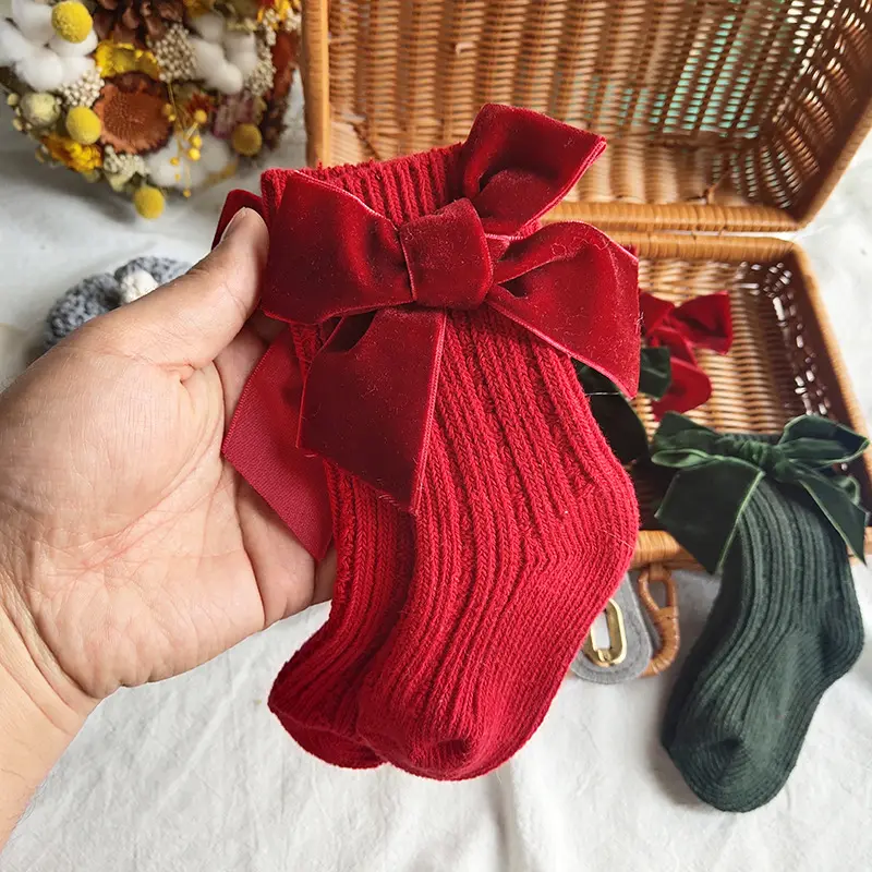 High quality winter baby organic socks thick cotton girls baby socks with velvet bow