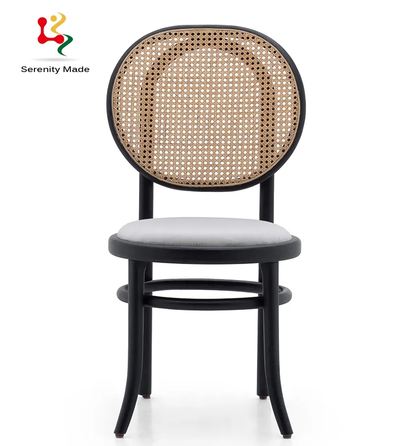 Restaurant wooden frame with upholstered seat rattan stackable dining chair for Hotel