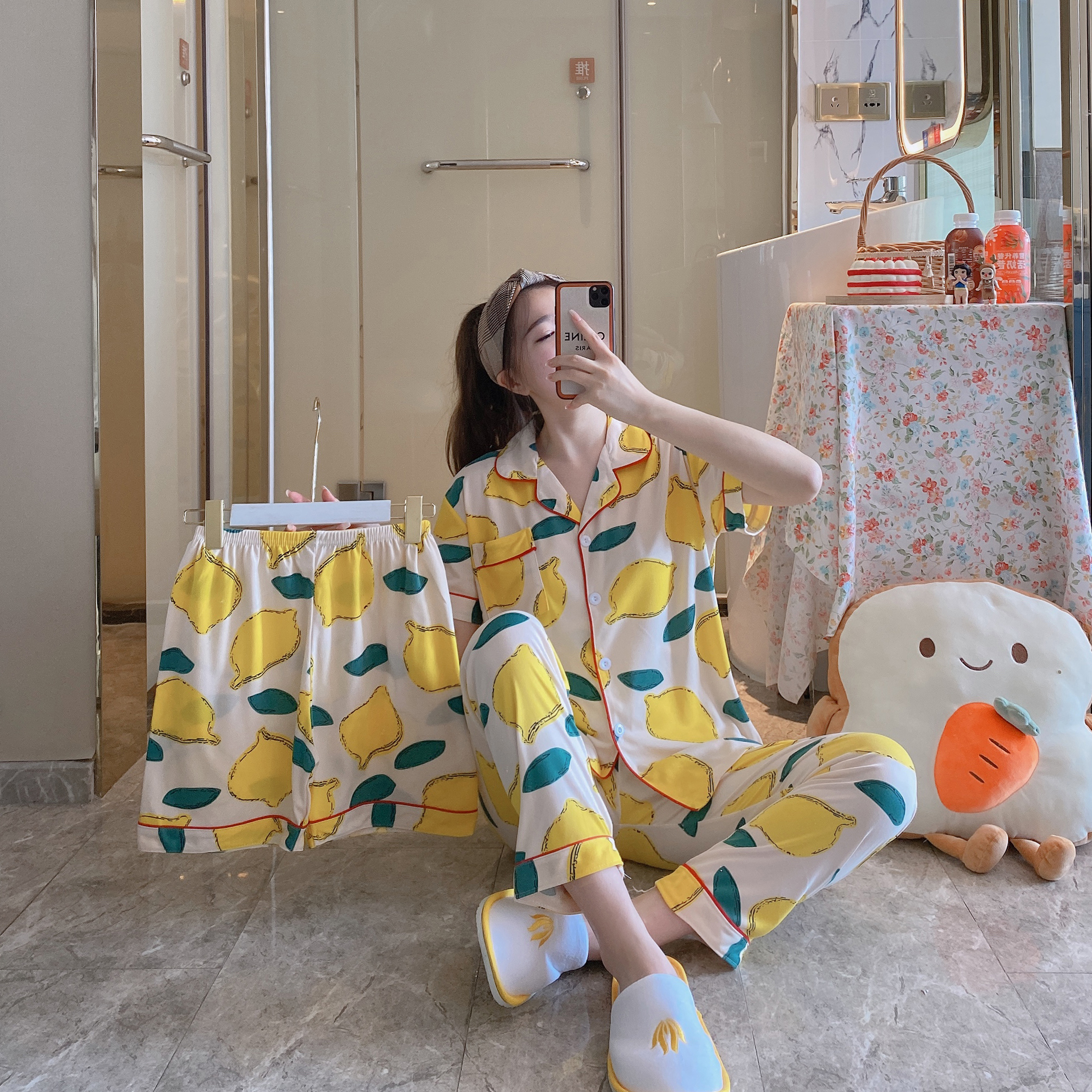 Korean Spring Short Sleeve Sleepwear 3Pc Set Baju Tidur Import Daster Pijama Wanita Murah Pijama Mujer Pyjama Femme Pj For Women