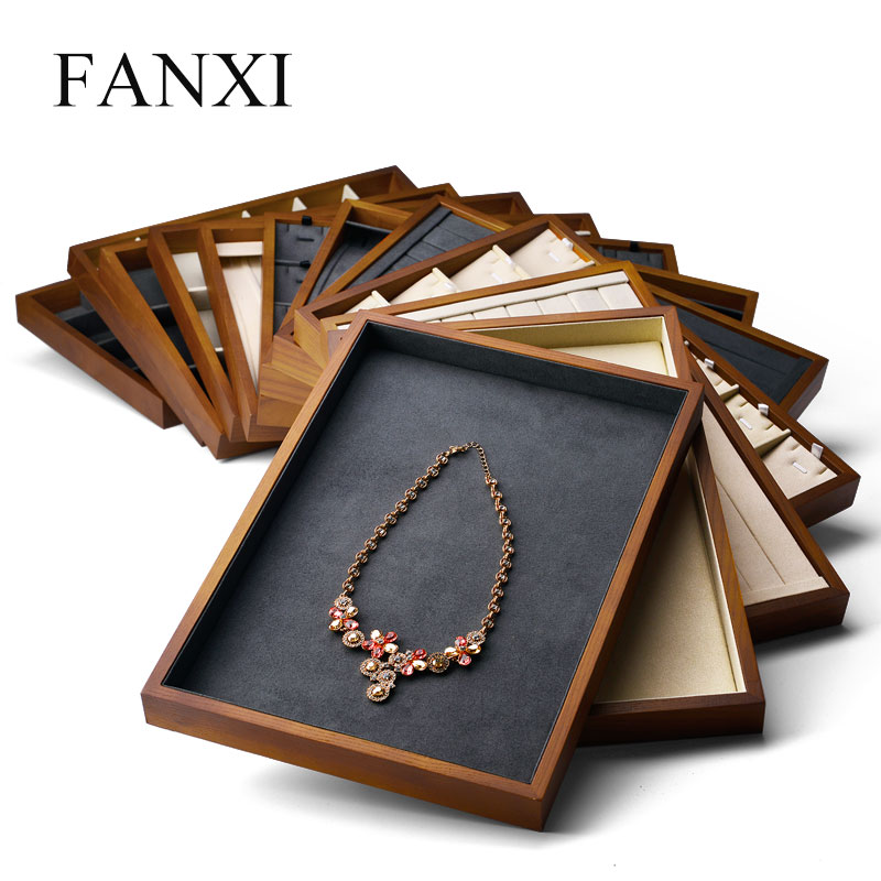 Деревянный поднос для ювелирных изделий FANXI Factory на заказ, органайзер для магазина ювелирных изделий, поднос из микрофибры для серег, браслетов, ювелирных изделий