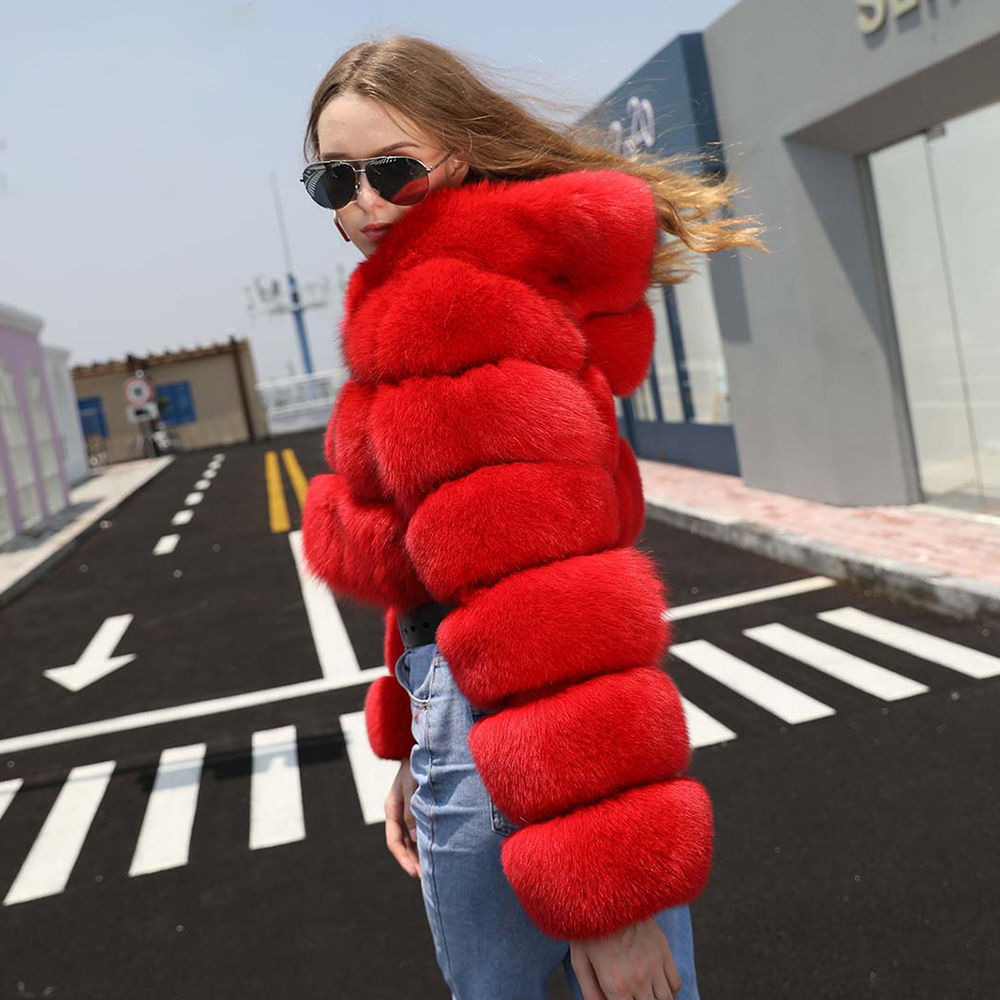 Janefur Fashion Design Fur Hooded Coat Long Sleeve Cropped Fox Fur Jacket Winter Fur Coat Women