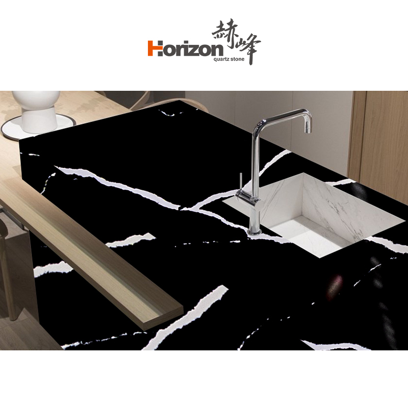 Недорогая китайская мраморная плита из искусственного камня Horizon, полированный камень, столешница из Черного Кварца для кухни