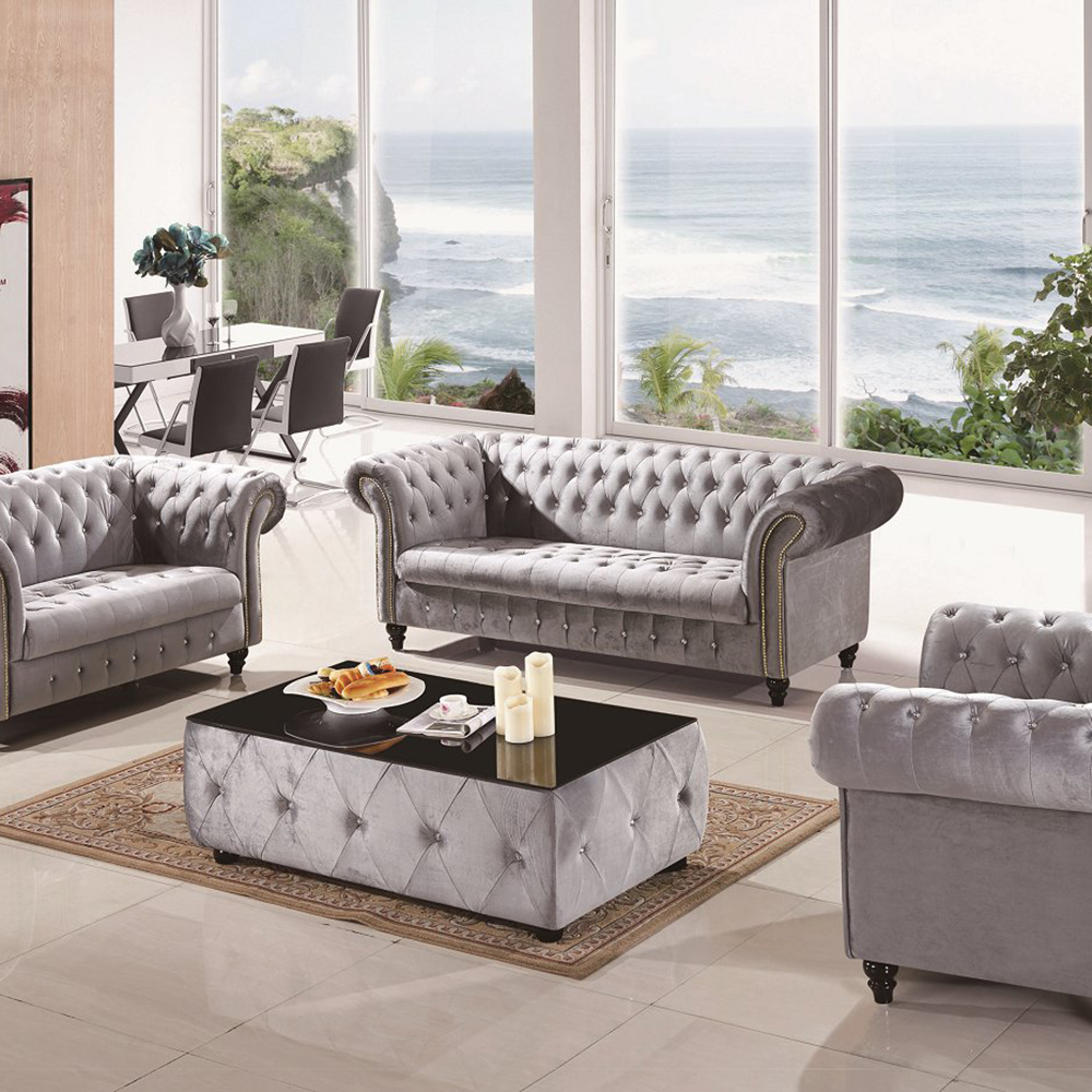 Hot Chesterfield Style Modern Tufted Velvet Fabric Sofa Set