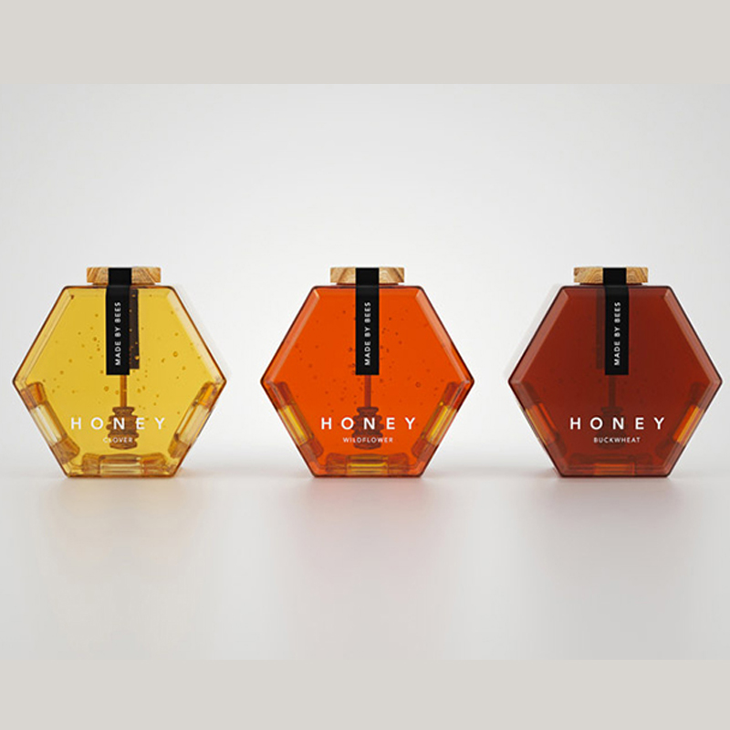 Hexagonal Honey Jar Food Grade Lead Free Cristal Storage honey jar packaging container Glass Jar with Wooden Lid