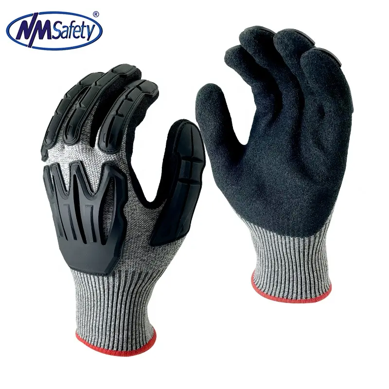 Nmsafety 13 Guage HPPE Liner Coated Cut Resistant Level A4 Anti Impact Sandy Nitrile Work Gloves