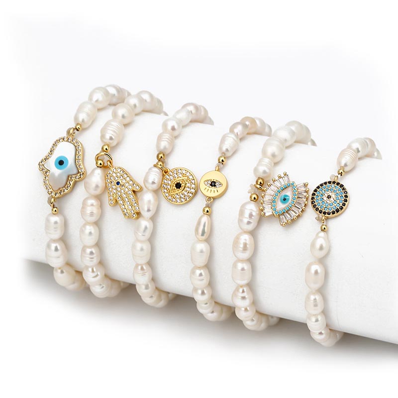 Adjustable Handmade Evil Eye Bracelet Natural Freshwater Pearl Beads Turkish Crystal Blue Eye Hand Bracelet for Women Girl