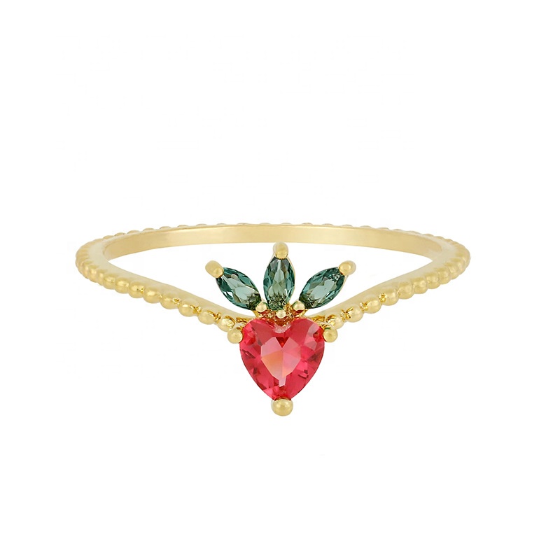 Topbill Trendy Dainty Daily Jewelry Colored Cubic Zircon Cz Finger Ring Gold Plated Brass Different Fruit Cherry Rings for Women