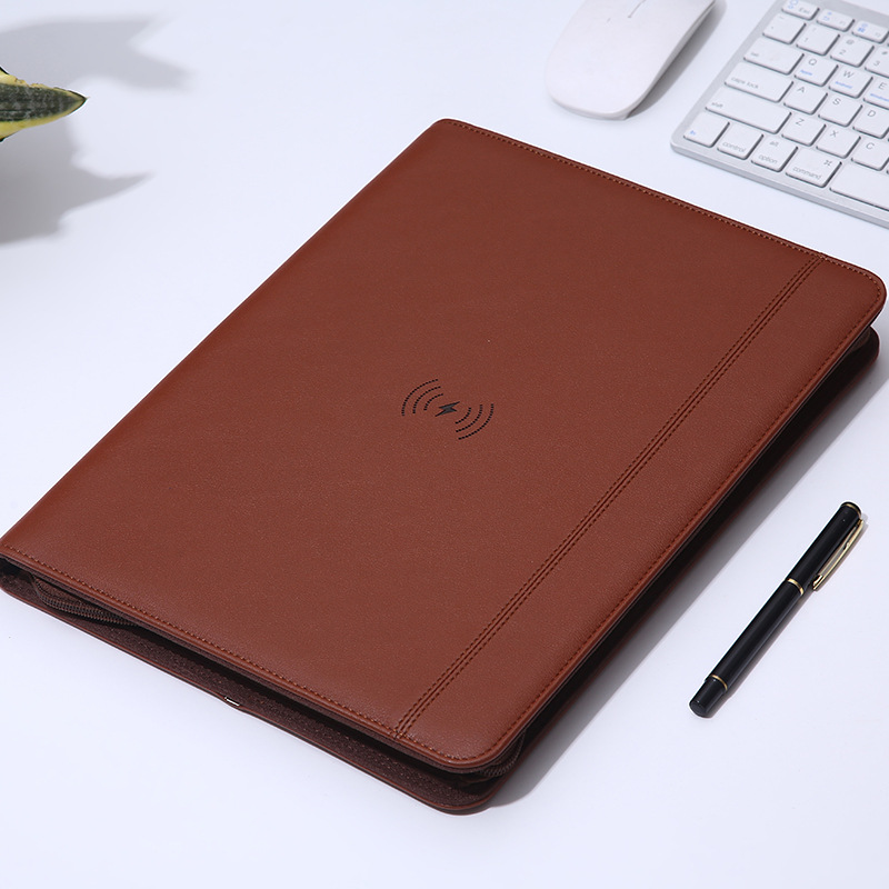 A4 conference Hardcover PU leather organizer zipper leather portfolio folder with wireless charge