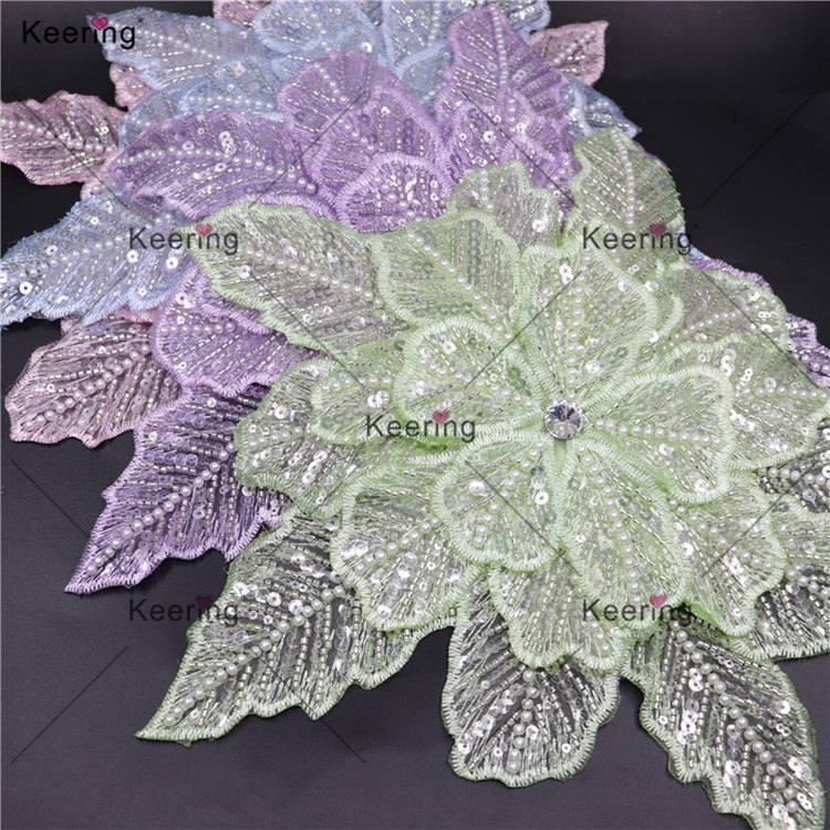 WPH-1900 Keering Newest 3D Embroidery Flower Multicolored Sequin Rhinestone Patch Pearls Beaded Lace Appliques For Clothing