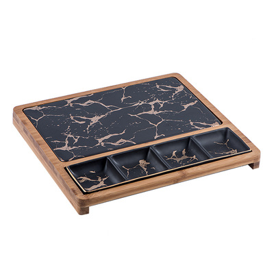 Creative Square Nordic Style Pizza Snack Steak Ceramic Marble Pattern Plate with Wooden Tray