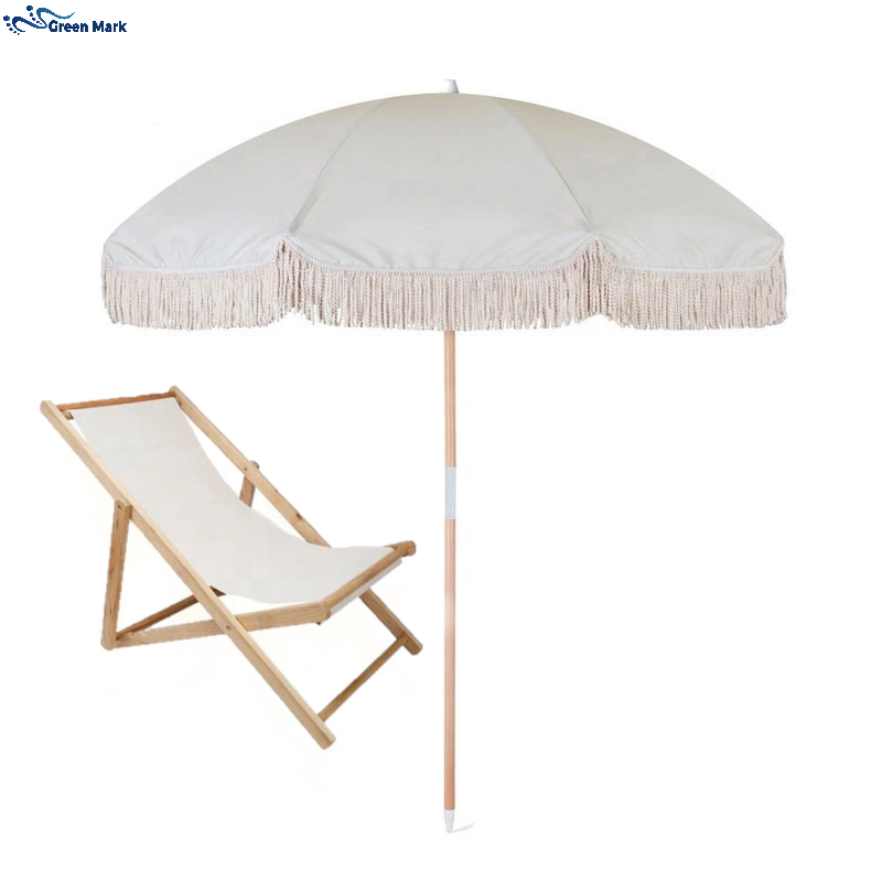 Wholesale 200cm Or Custom Luxury Outdoor Wooden Pole Fringed Beach Sun Parasol Umbrella With Cotton Tassels  Antique White