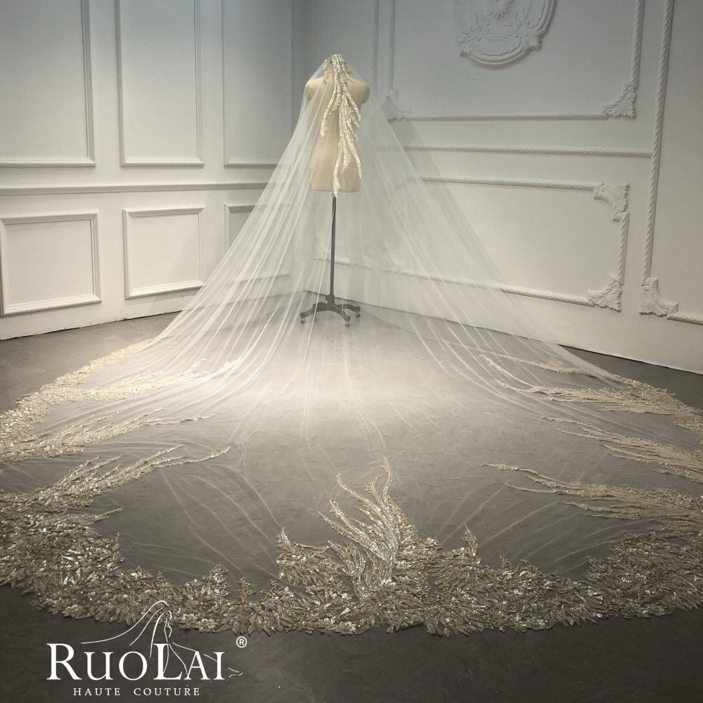 VW0050 Luxury one Tier ivory tulle with champagne Gold beaded Lace Crystal Beading Veils Wedding Bridal Veil