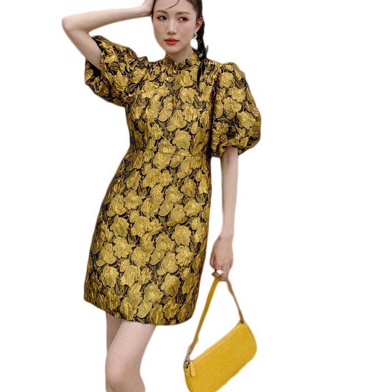 Уникальный дизайн чувство Ретро cheongsam платье 2021 лето новый стиль с пышными рукавами; Рукав; Обхват талии для похудения; Улучшенный дизайн платья Ципао