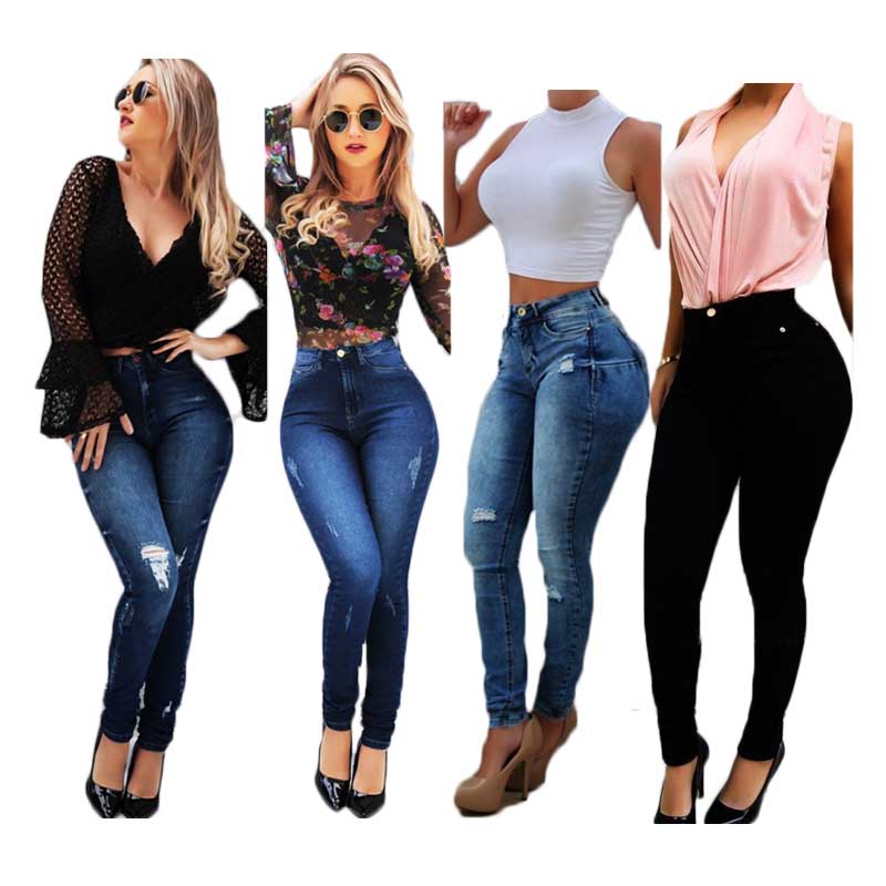 Hot Sale High Elasticity Ripped Holes Jeans New Europe High Waist Slim Skinny South American Style Women