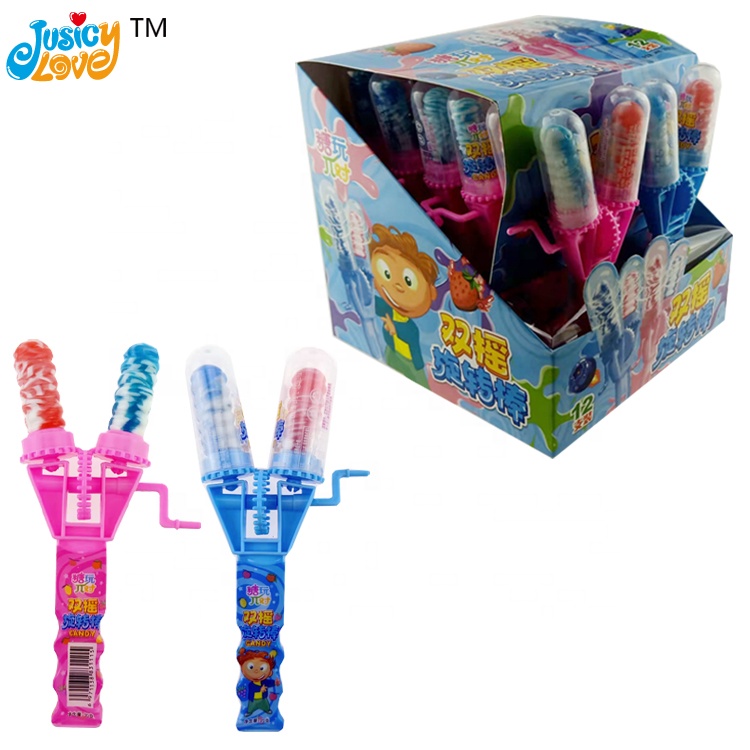 Customized funny double spin hand crank hard candy lollipop toy candy