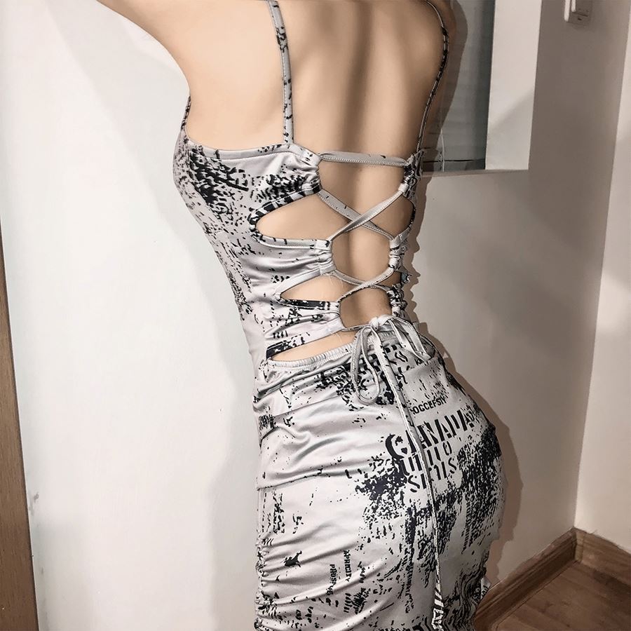 Fvshion sexy dress D00008 Summer fashion sexy tight print sleeveless strapless halter dress with backless strap hollowout