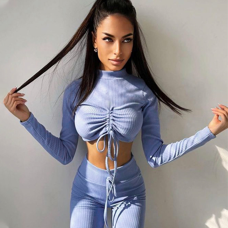 fall 2021 women's ladies sport yoga suit jogger long sleeve solid bodysuit black 2 Two piece pant set outfits for women clothing